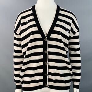 Size L Black White Cashmere Stripe Monili Beaded Sequined Cardigan